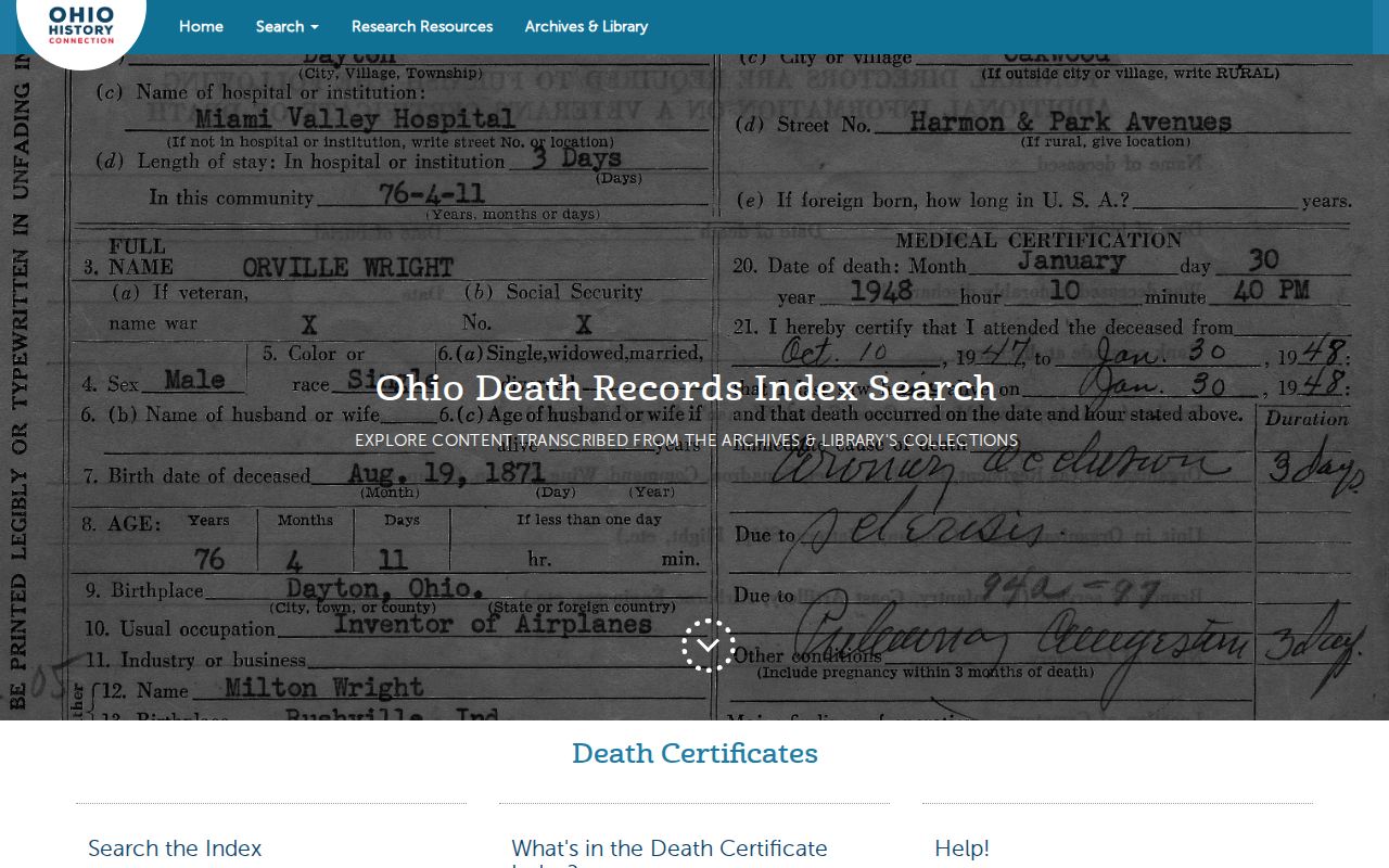 Massillon resident lookup source at the Ohio historic death index