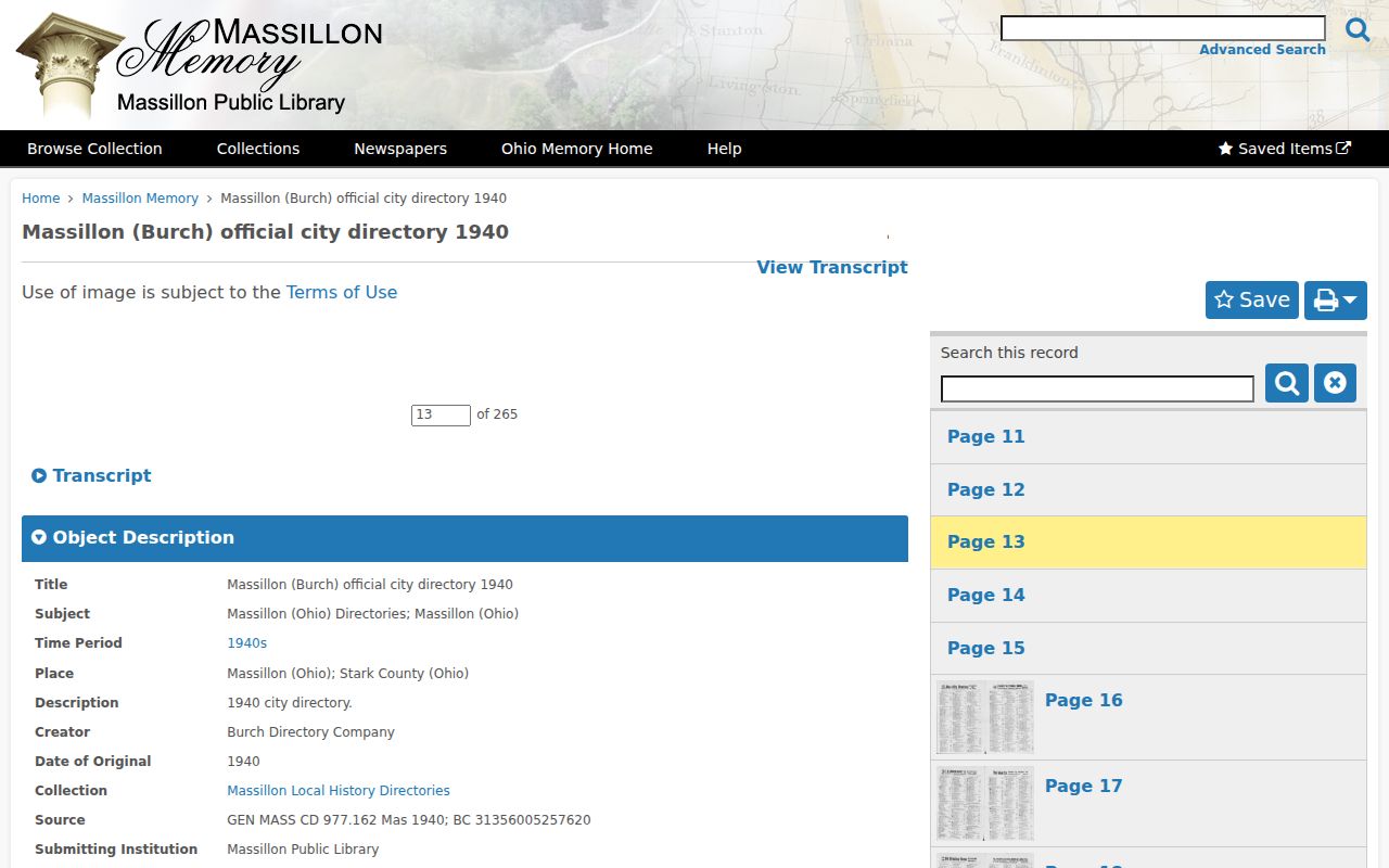 Massillon street directory image of digitized Burch street pages
