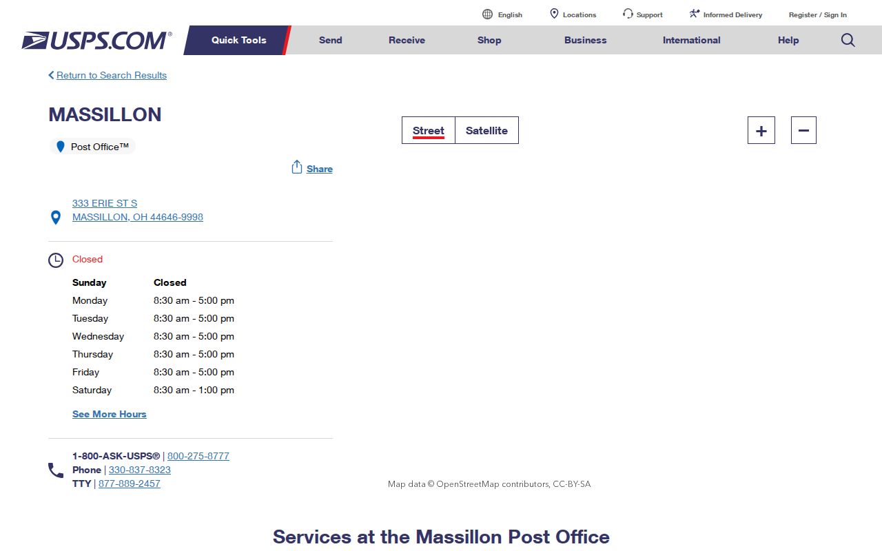 Massillon ZIP code directory source showing USPS Massillon Post Office details